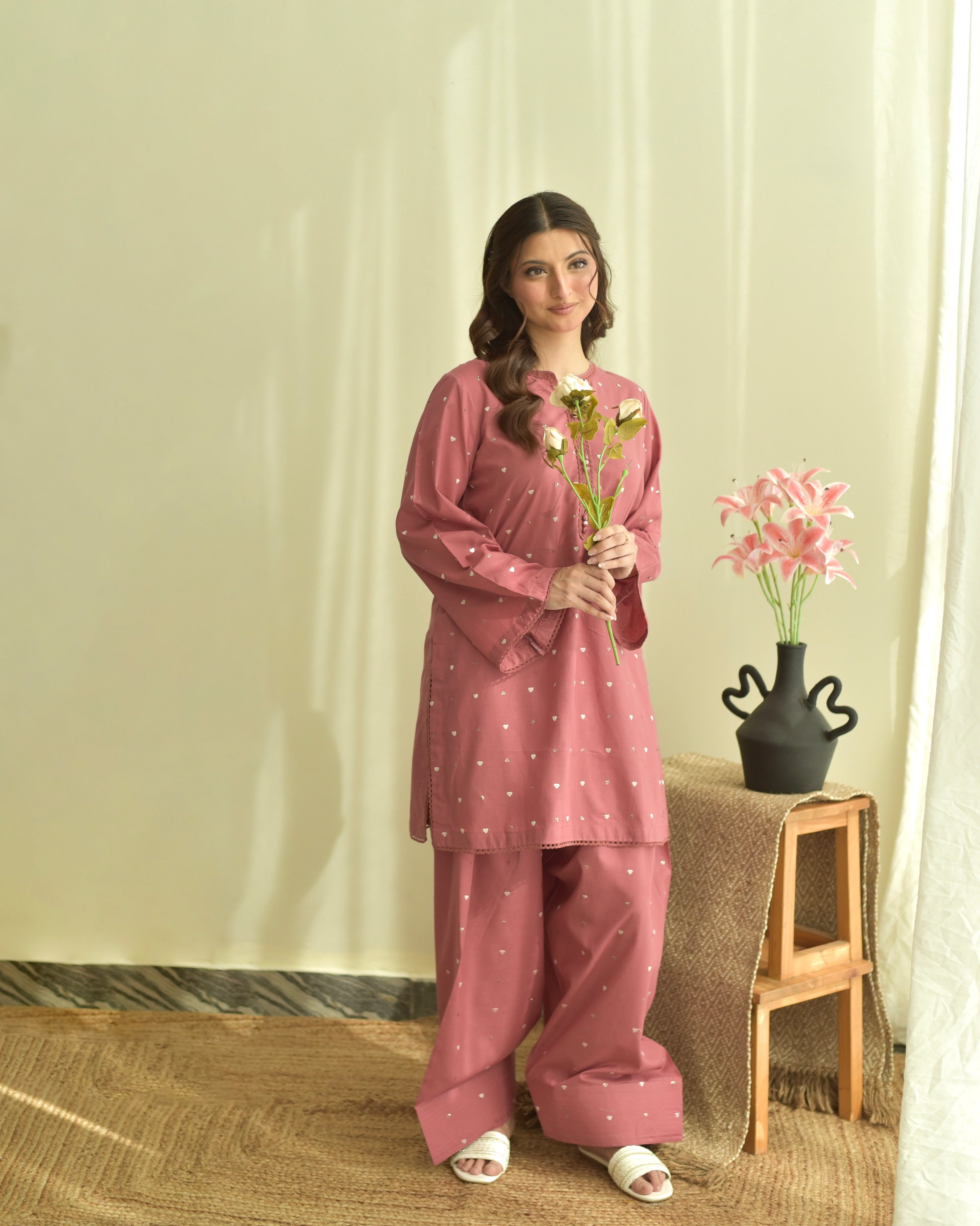 Pink Hearts 3pc Dress(Farshi Shalwar)