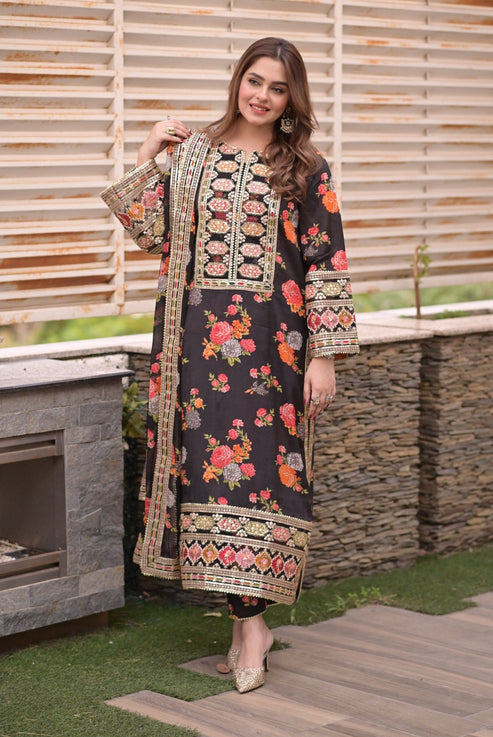 Ghania 3pc Embroidered+ printed