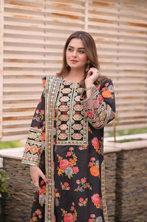 Ghania 3pc Embroidered+ printed